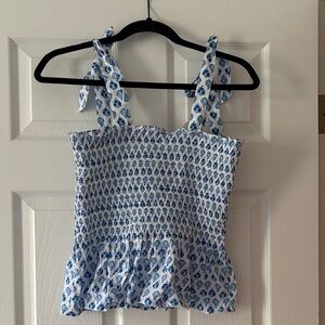 J. Crew White and Blue Floral Smocked Tank Top